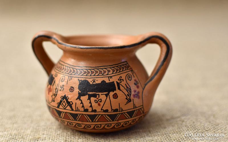 Ceramic amphora vessel with handles, hand-painted with an antique scene