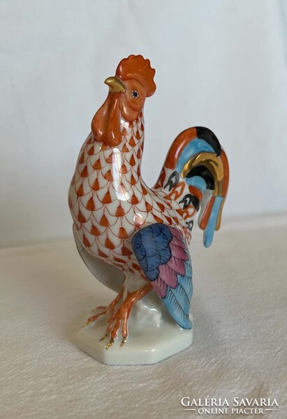 Herendi narancs pikkelyes, aranyozott kakas porcelán figura - 15014 - kézzel festett - 11 cm