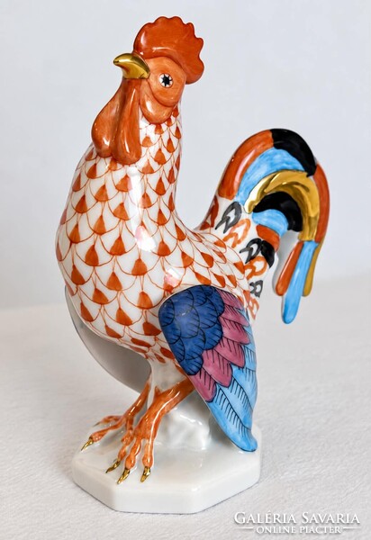 Herendi narancs pikkelyes, aranyozott kakas porcelán figura - 15014 - kézzel festett - 11 cm