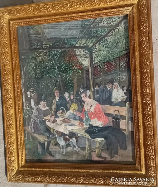 Pólya jelzéssel: Étterem kerthelységében , életkép . JAN STEEN holland festő képének másolata
