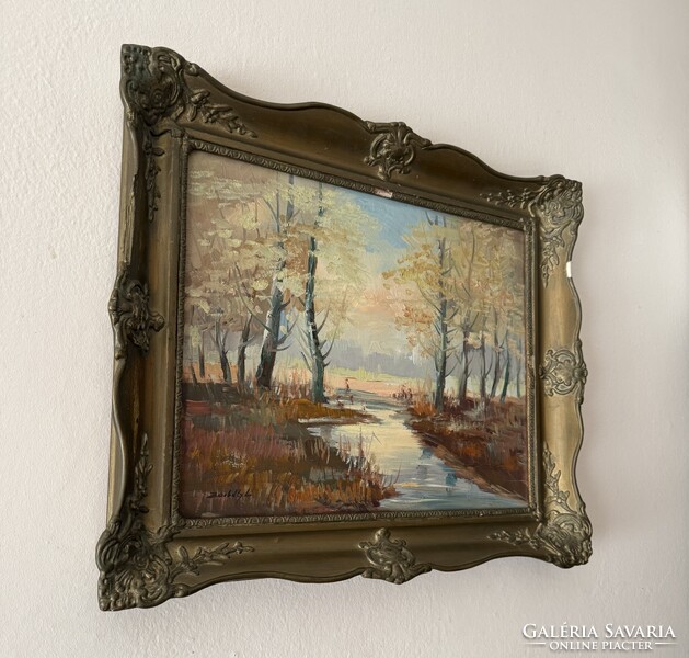 Borbély László - Őszi táj patakkal (olajfestmény fatáblán, blondel keretben) 40x50 / 53x63 cm