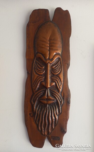 Wall decoration, metal plate (bronze) relief on a wooden base