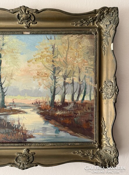 Borbély László - Őszi táj patakkal (olajfestmény fatáblán, blondel keretben) 40x50 / 53x63 cm
