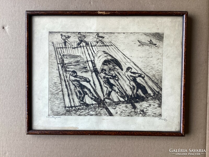 Komlós with signature : Raftsmen , etching , in a glazed garden .
