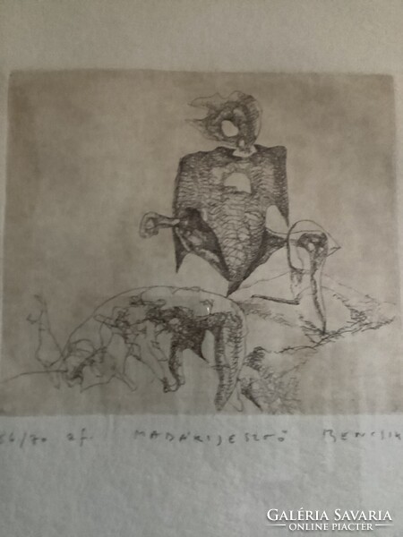 János Bencsik (1945-): scarecrow (etching)