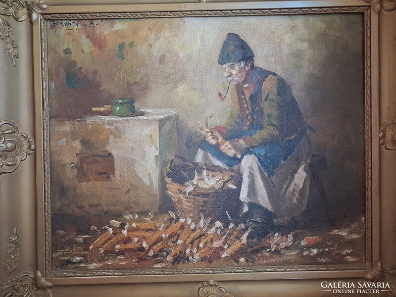 Hirváth G. Andor Kukorica morzsolás hibátlan olajfestmény, eredeti kertében, szignált, 64 x 54 cm
