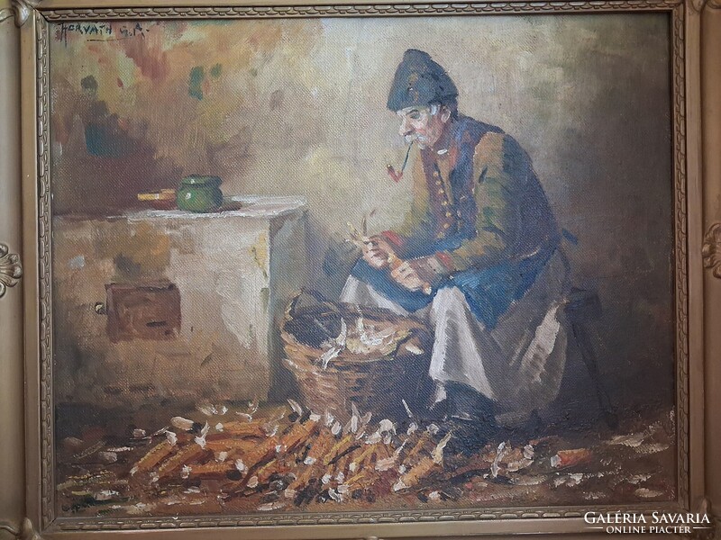 Hirváth G. Andor Kukorica morzsolás hibátlan olajfestmény, eredeti kertében, szignált, 64 x 54 cm