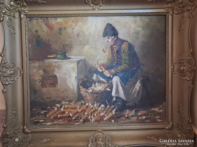 Hirváth G. Andor Kukorica morzsolás hibátlan olajfestmény, eredeti kertében, szignált, 64 x 54 cm