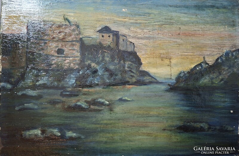 From 1 Ft! Dated 1928. Fortress above the rocky seashore. Oil on canvas. 34x50cm