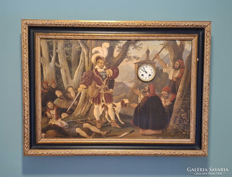 From 1 HUF! 19th-century working picture clock! Metal plate painted image (Bird). French mechanism, with hammer strike!
