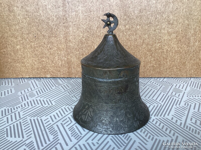 Antique , tin-plated copper middle-eastern handmade storage with lid.