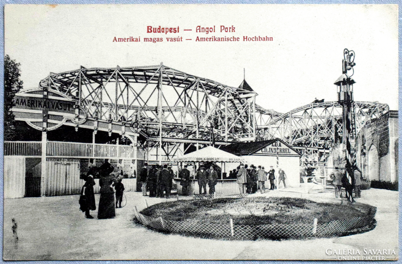 Budapest - Angol Park - Amerikai magasvasút , Le a cilinderrel , hiplá-hoplá -  antik képeslap  1903