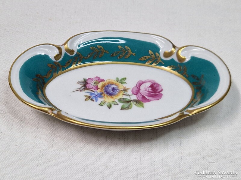 Régi német Ilmenau porcelán virág mintás gazdagon aranyozott hamutál vagy kínáló hibátlan állapotban
