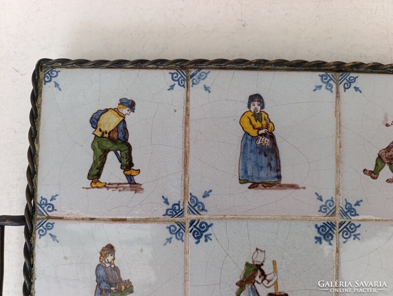 Antik csempe konyhai eszköz tálca 12 színes delft porcelán bronz szerelékkel munka motívum 361 7543