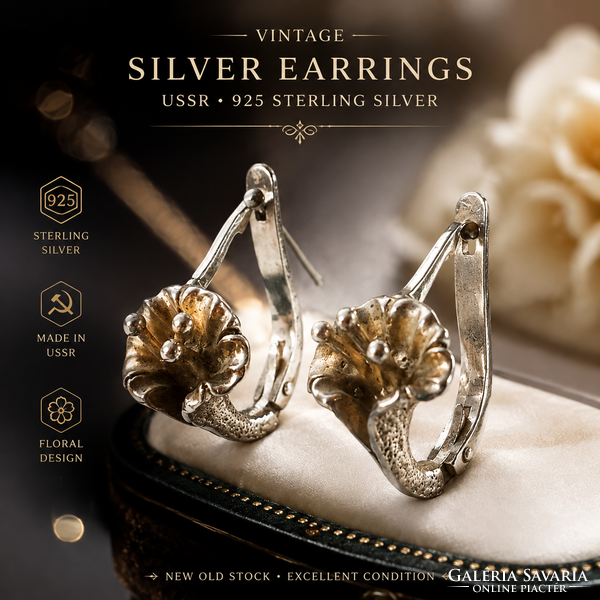 Újj vintage Szovjetunió fülbevalók 925-ös sterling ezüstből, virágmintával | 4,15 g
