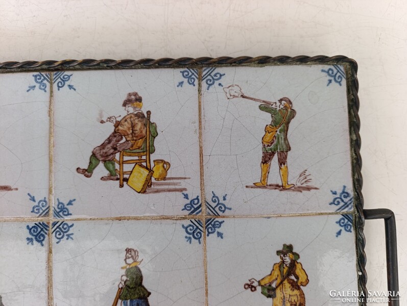 Antik csempe konyhai eszköz tálca 12 színes delft porcelán bronz szerelékkel munka motívum 361 7543