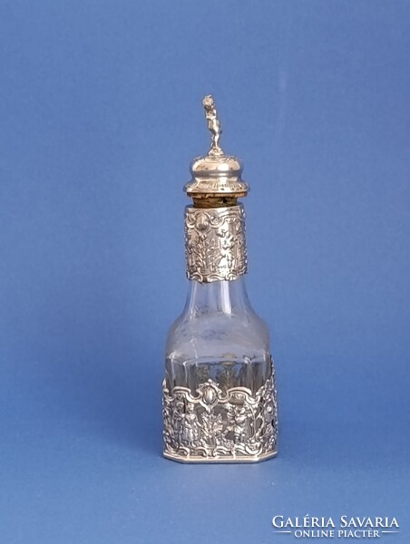 Hanau Storck&Sinsheimer ezüst gyógyszeres vagy likőrös üveg, Memento mori, 1890-1900
