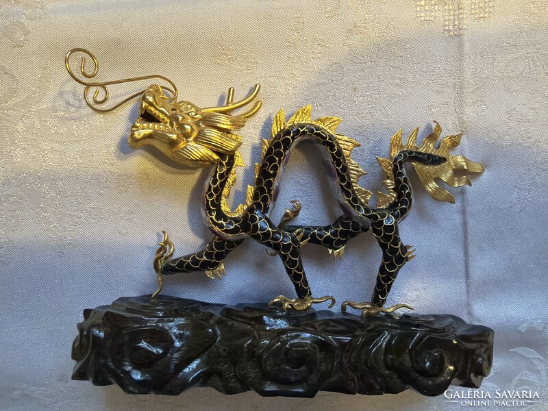 Beautiful Chinese cloisonné, enamel, large, fire enamel dragon, on wooden stand.