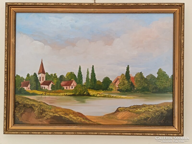 Szabó László, Landscape with Lake 48x34 cm Oil/Hardboard Painting. Car, toy exchange also interested