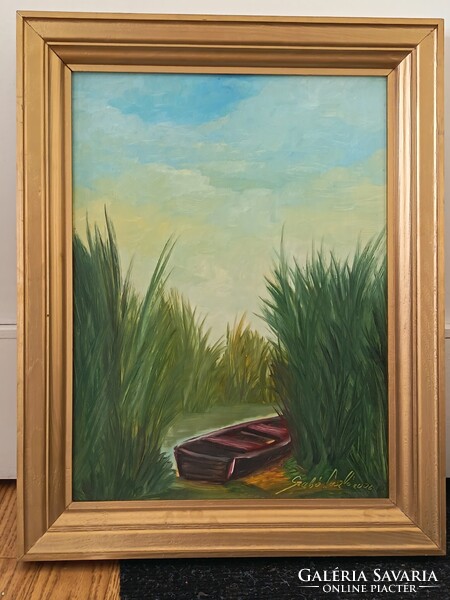 László Szabó, boat in the reeds 34x45cm oil painting. Car, toy exchange also interested