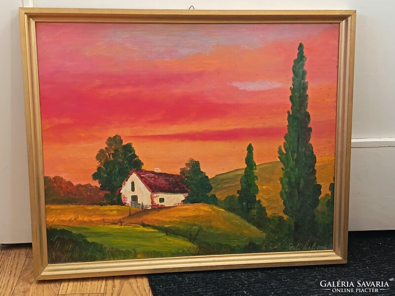 László Szabó, house with poplars 70x50cm oil painting. Car, toy exchange also interested