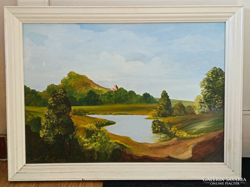 Szabó László, Landscape with Lake 70x50cm Oil Painting. Car, toy exchange also interested