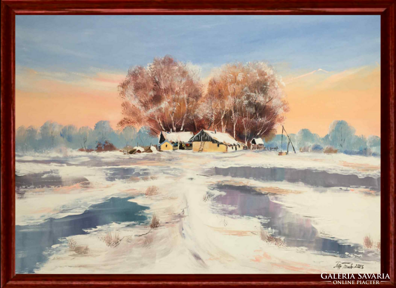 First Snow in Alföld titled Large Oil Painting - with picture frame - [Papp Tünde] FREE SHIPPING