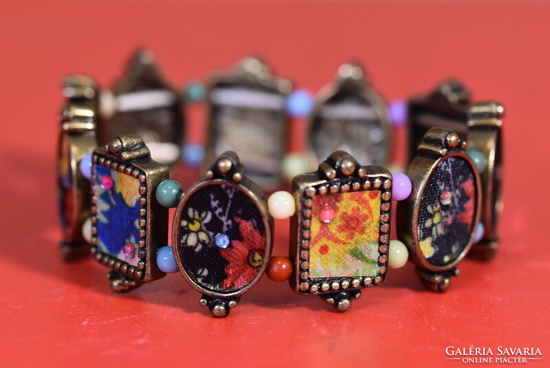 Vintage bracelet with fabric inserts and rhinestones bronze tone