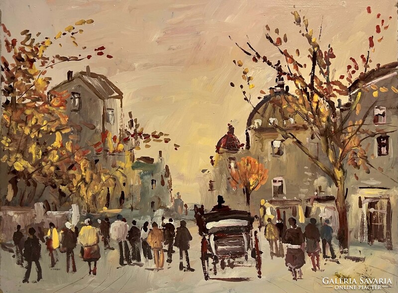 Bánfi József (1936-) Őszi nyüzsgés - budapesti utcakép ábrázolás