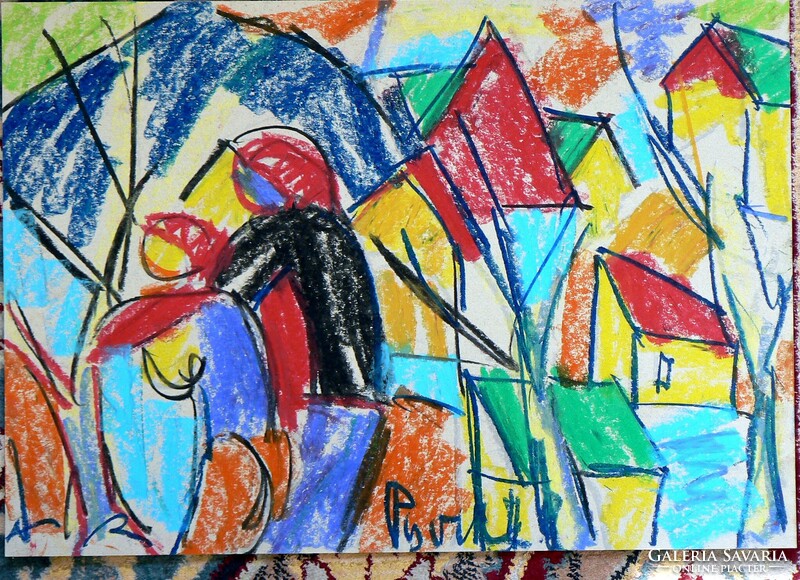 NÉMETH MIKLÓS (1934-2012) "KISVÁROSI TÖRTÉNET" 2007 (35X50 cm) OLAJ-PASZTELL, FESTMÉNY, RITKA!