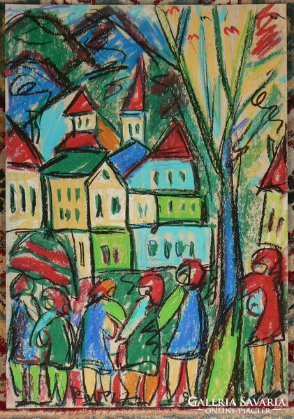 NÉMETH MIKLÓS (1934-2012) "BUSZMEGÁLLÓ" 2006 (50X35 cm) OLAJ-PASZTELL, FESTMÉNY, RITKA!