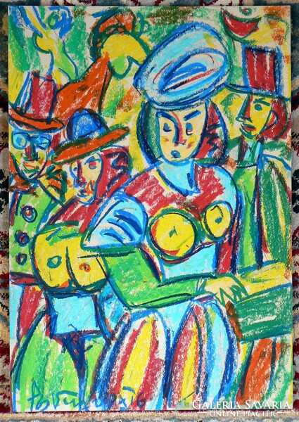 NÉMETH MIKLÓS (1934-2012) "ELŐKELŐ TÁRSASÁG" 2006 (50X35 cm) OLAJ-PASZTELL, FESTMÉNY, RITKA!