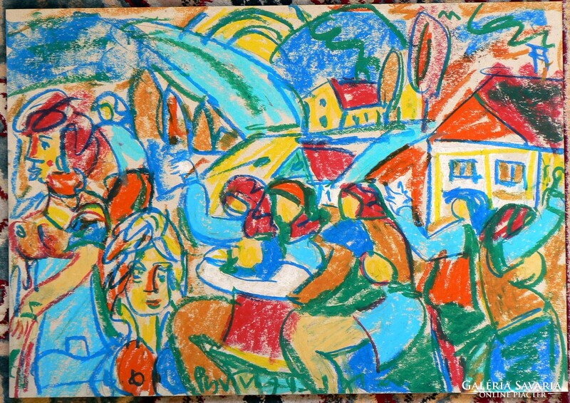 NÉMETH MIKLÓS (1934-2012) "ÜNNEPNAP" 2006 (35X50 cm) OLAJ-PASZTELL, FESTMÉNY, RITKA!