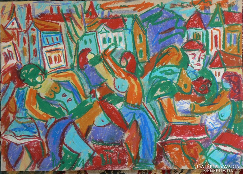 NÉMETH MIKLÓS (1934-2012) "ÜNNEPNAP 3." 2006 (35X50 cm) OLAJ-PASZTELL, FESTMÉNY, RITKA!