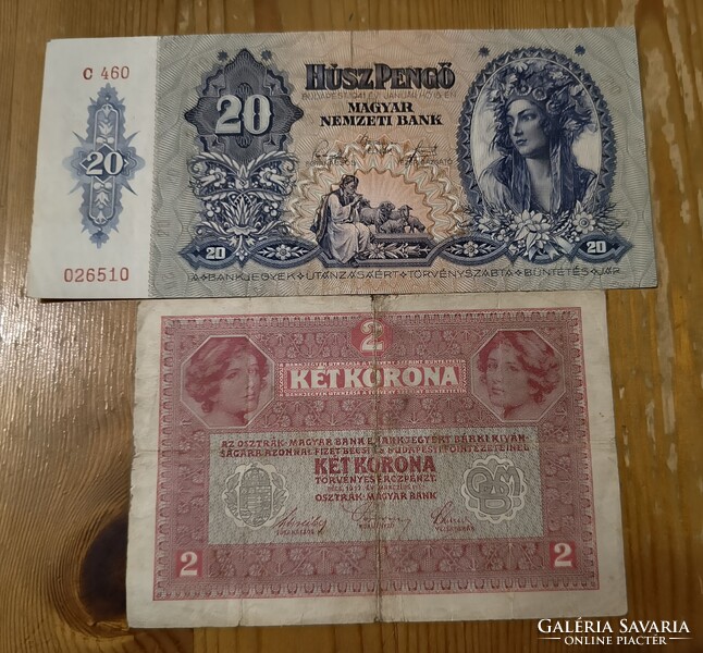 20 Pengő (1941) és 2 Korona (1912) Osztrák-Magyar Bank szett