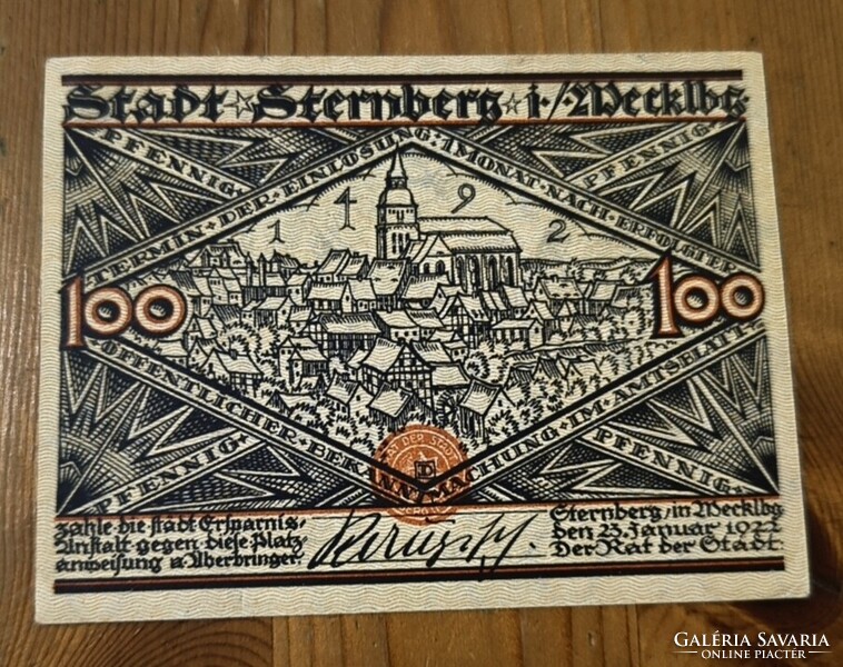 Ritka német szükségpénz (Notgeld) 1922 – Sternberg in Mecklenburg, 100 Pfennig, történelmi fametszet