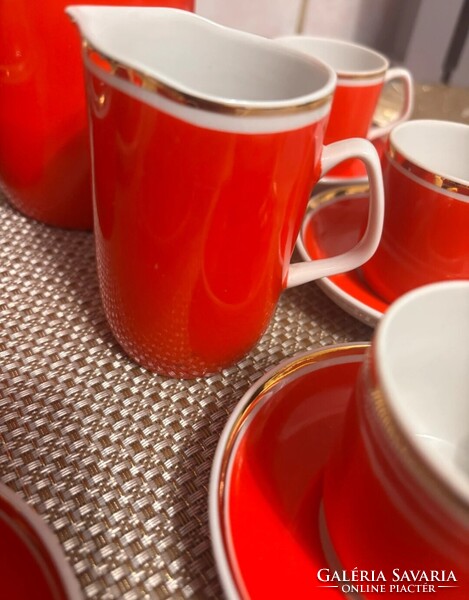 Retro Hollóházi porcelán kávéskészlet / mokkás készlet (piros-arany)