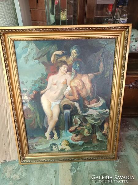 Beautiful Allegorical Scene. Oil on Canvas Painting.