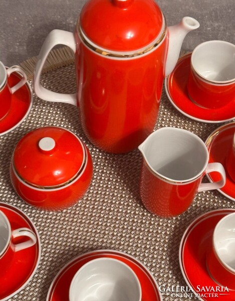 Retro Hollóházi porcelán kávéskészlet / mokkás készlet (piros-arany)