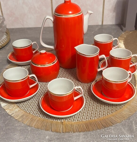 Retro Hollóházi porcelán kávéskészlet / mokkás készlet (piros-arany)