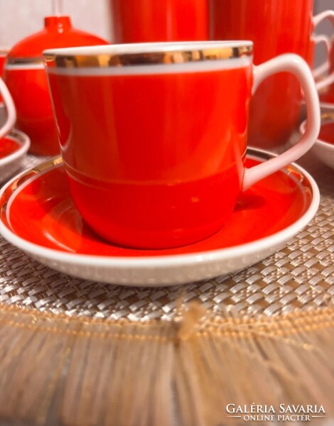 Retro Hollóházi porcelán kávéskészlet / mokkás készlet (piros-arany)