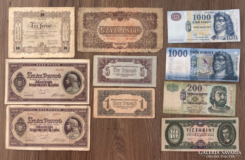 10-piece Hungarian lot: 1848 Kossuth banknote, Red Army bills, misprint Pengő, rare F