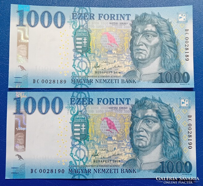 2 pcs 1000 Forint 2018 DC, UNC, low serial number rare