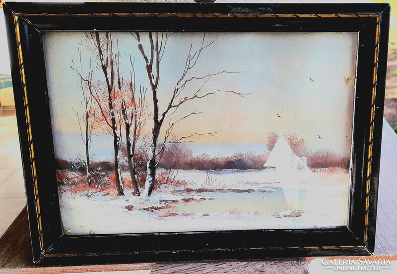Antique Copper-Inlaid Watercolor Painting in a Wooden Frame
