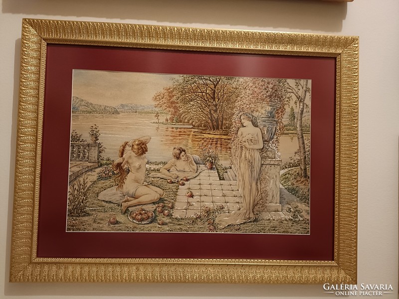 F.Minaudo 1924 Fürdőző Nimfàk akvarell !