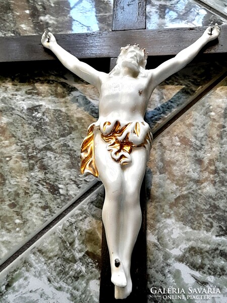 Antique wooden crucifix with porcelain Christ, beautifully large size