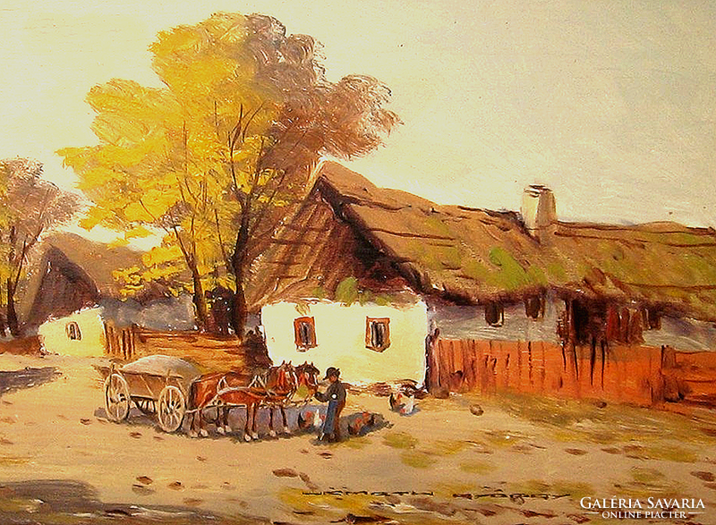 GUARANTEED ORIGINAL BEAUTIFUL NÉMETH GYÖRGY PAINTING: VILLAGE STREET WITH HORSE-DRAWN CARRIAGE