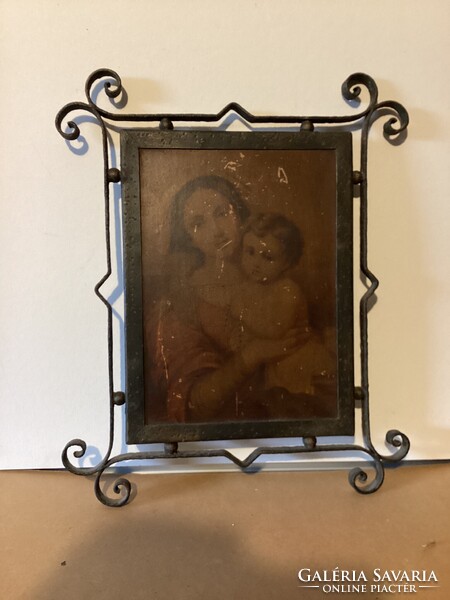 Madonna a gyermekkel - régi fa nyomat , kovácsoltvas keretben .